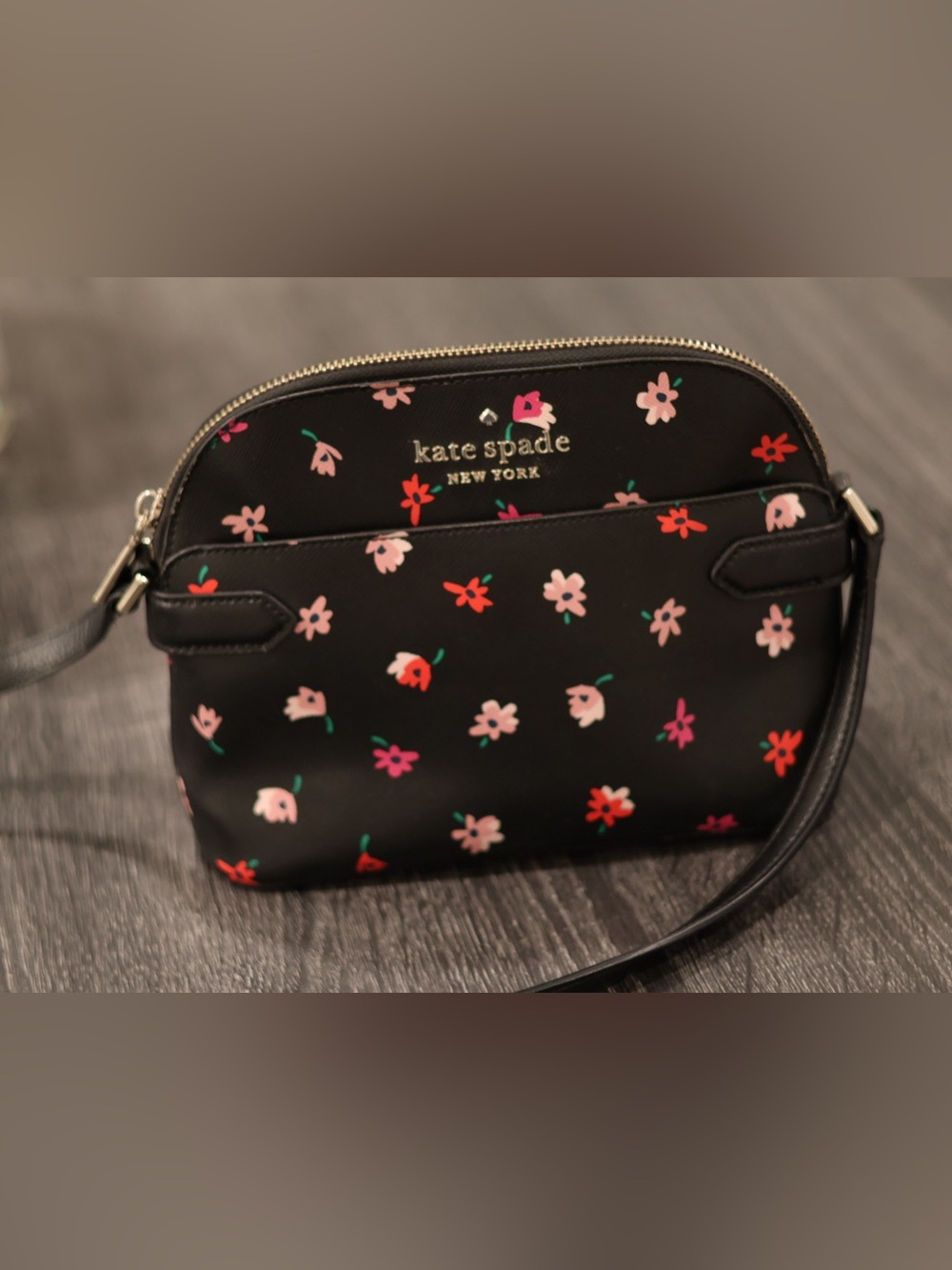 Kate Spade New York Floral Crossbody Bag Black Textured Adjustable Strap